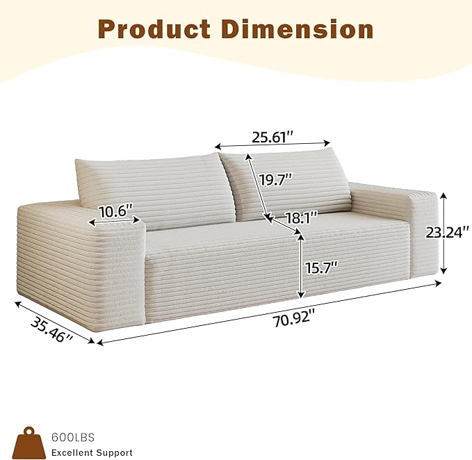 71 Corduroy Boneless Couch 2-Seater Compression Sofa with 3 Throw Pillows No Assembly Required Comfy Loveseat Sofa in a Box Modern Couches for Living Room (White 71 inch) | Breathable Material