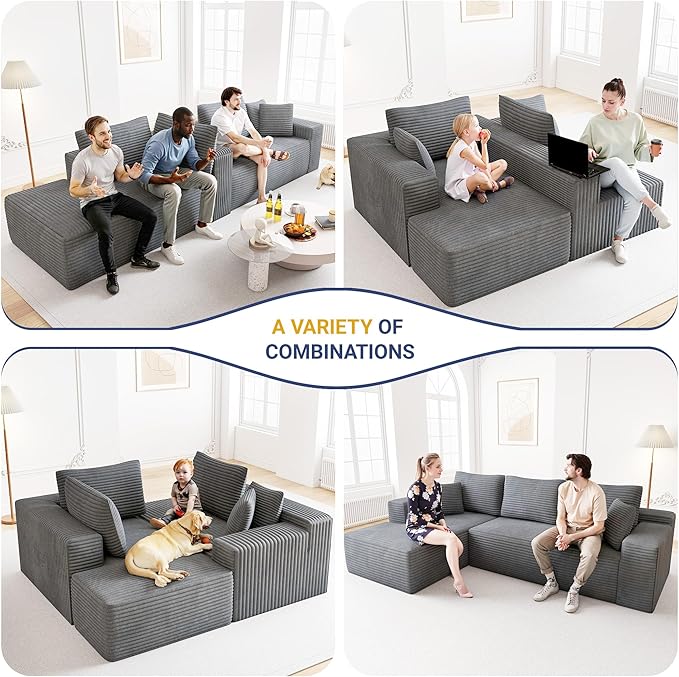 104 Cloud Sectional Couch with L-Shaped ChaiseModern Modular Sectional SofaCorduroy Boneless Couches for Living Room BedroomNo Assembly Required 3-Seater (Left Facing Chaise) Grey