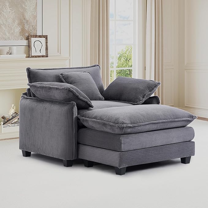 Oversized Chair with Ottoman Modern Corduroy Sofa Bed Single Sofa Chaise Large Upholstered Sofa for Living Room Bedroom (Grey)