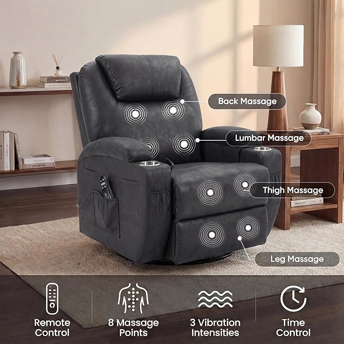 Flamaker Swivel Rocker Recliner for Adults 360 Glider Rocking Chair with Vibration Massage Upholstered Recliner Chair with 2 Cup Holders &amp Side Pockets for Living Room Nursery (Leathaire Black
