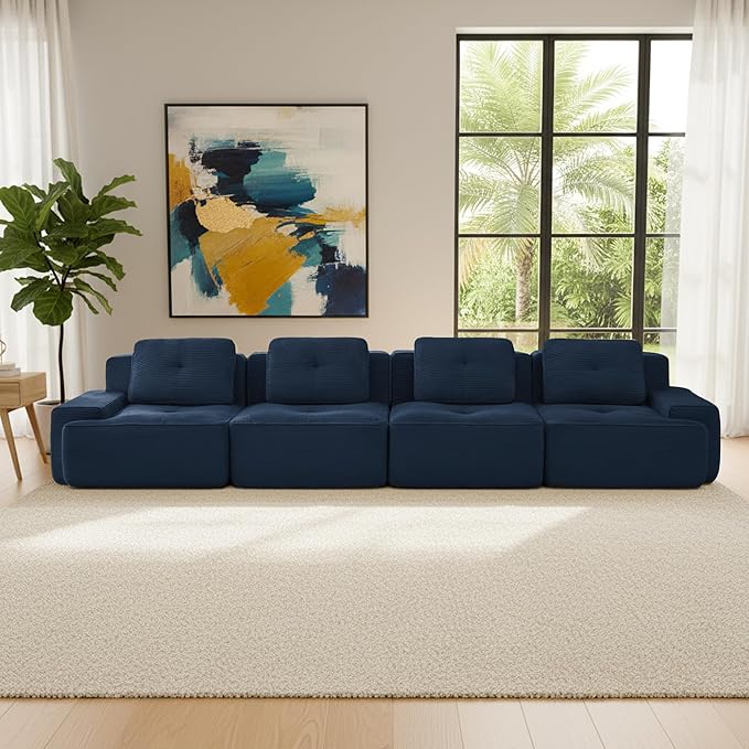 Casaphoria 150'' Blue Corduroy Cloud Couch 4-Seater Boneless Sectional Sofa with 4 Pillows for Living Room Deep Seat Sofa No Assembly Required