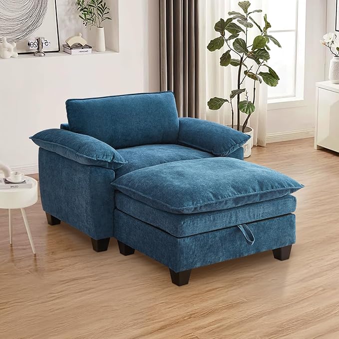 Oversized Chair with Ottoman Cloud Chenille Fabric Comfy Chaise Lounge Sofa Accent Arm Single Chair Indoor with Padded Armrest for Living Room Bedroom Office Storage Ottoman Blue