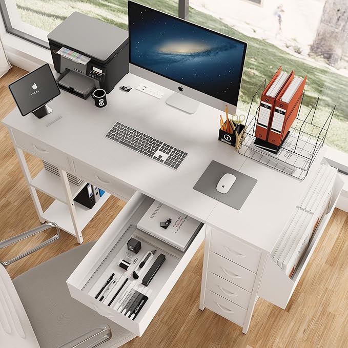 47 Computer Desk with Power OutletWriting DeskHome Office DeskVanity Table with 7 Fabric Drawers Large Side PocketWhite