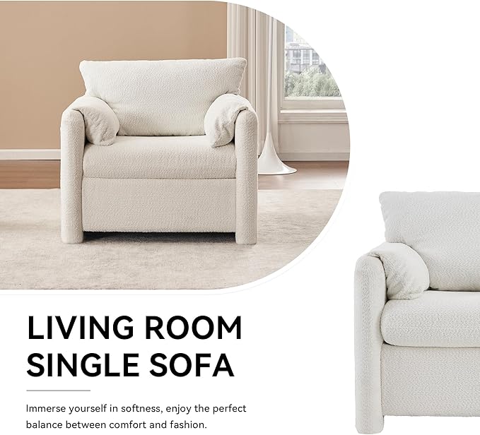 KEIKI Chenille Oversized Reading Chair- 33 W Modern Accent Chair with Deep Cushion Seating Comfy Upholstered Single Sofa Armchair for Living Room Bedroom Office Ivory White