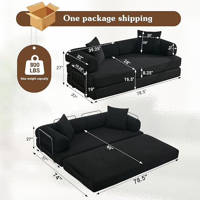 78.5'' Convertible Folding Sofa Bed 5-in-1 Modular Floor Couch Corduroy Small Cloud Couch Compressed Foldable Sleeper Sofa King Size Futon for Bedroom Guest Room (Black)