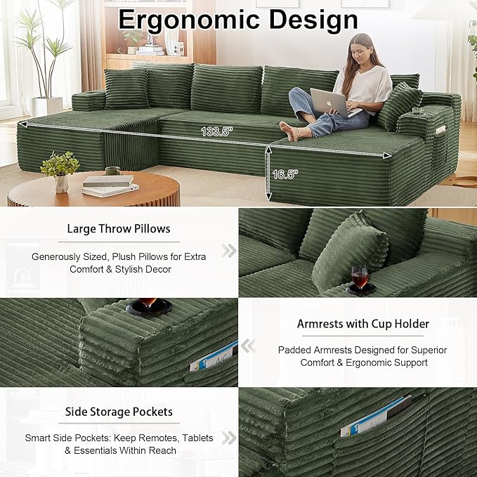 134 Inch U-Shaped Couch Modular Sectional Sofa Oversized Corduroy Boneless Couch with Cup Holder and Storage Pocket 4-Seater Upholstered Cloud Sofa for Living Room No Assembly Required Green