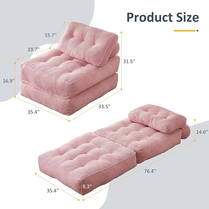 Folding Chair Bed Futon Sofa Bed Floor Couch for Adults Chair for Living Room Lounge Sofa Convertible Sofa Bed Small Couches for Small Spaces Pink