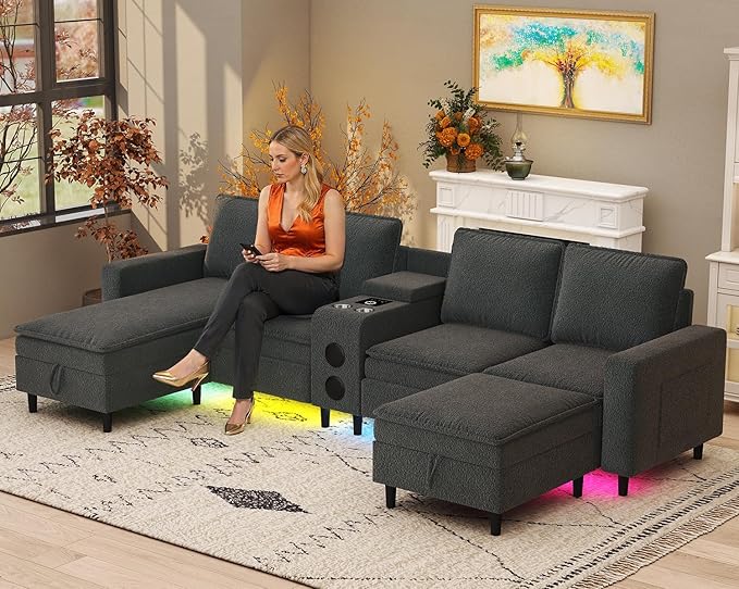 Sectional Couches for Living Room 6 Seat Sectional Sofa with Bluetooth Speaker/RGB Light/Charging Station Teddy Fleece U Shaped Couch with Storage Ottoman and Reversible Chaise Lounge - Dark Grey