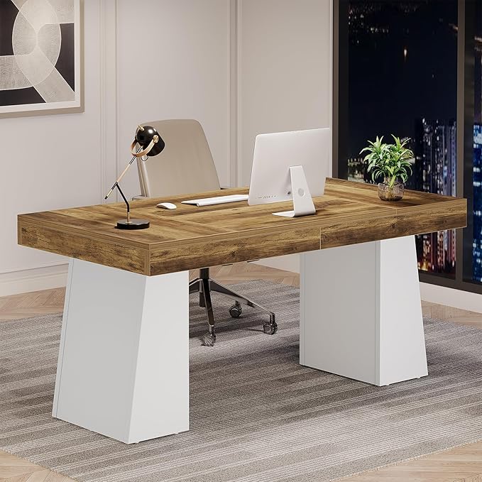 Tribesigns 55 Inches Executive Desk Mid-Century Modern Home Office Desk Wood Computer Table Business Workstation Small Conference Table White &amp Brown
