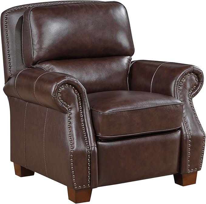 Lexicon Push Back Reclining Chair Top Grain Leather Match Push Back Recliner Chair with Nailhead Trim Rolled Arms Solid Wood Legs for Living Room/Apartment/Office Easy Assembly Brown