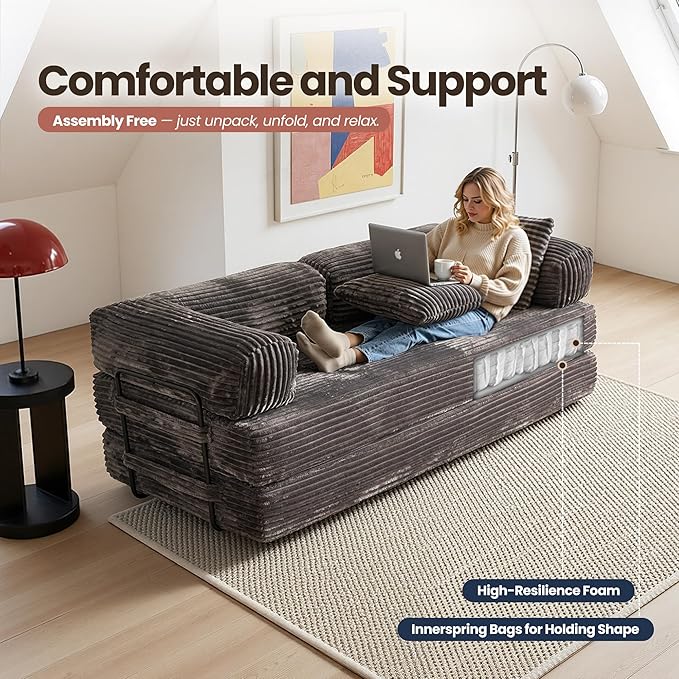 4-in-1 Folding Convertible Sleeper Sofa Bed81 Plush Corduroy Boneless Couch Pull Out BedsLoveseat Floor Futon for Small Spaces Living Room Bedroom ApartmentGrey