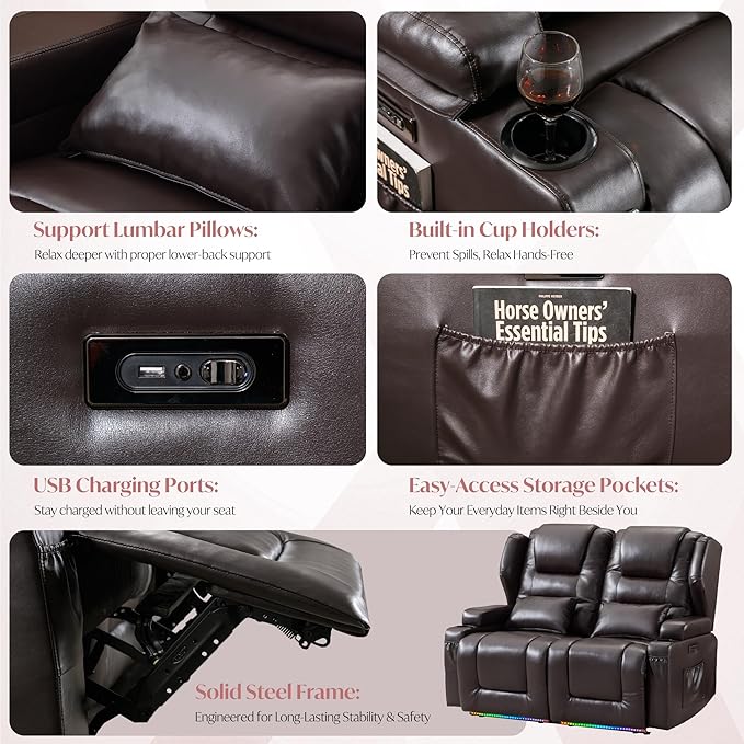 Power Loveseat Recliner SofaReclining Loveseat RV Recliners with Speaker/USB Ports/LED LightsPower Recliner Loveseat Sofa with Cup Holders for Living Room (Brown Loveseat)