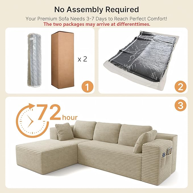 Gizoon 105 Cloud Sectional Couch with L-Shape Chaise Modular Boneless Sofa for Living Room Upholstered Corduroy Couch with Deep Seat No Assembly Required (Beige Left Facing Chaise)