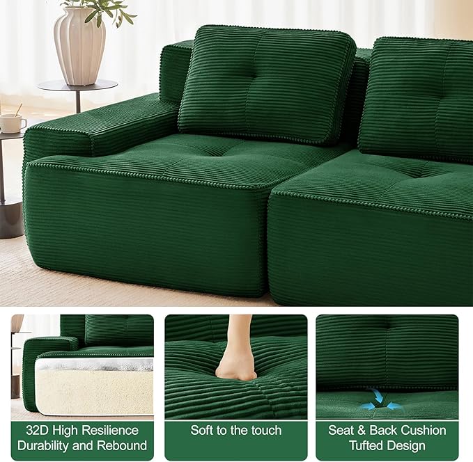 153 Modern Corduroy Cloud Sofa with Ottoman L Shaped Boneless Modular Large Sectional Couches for Living Room Green 4 Seater Compressed Memory Foam Couch Extra Deep Seat No Assembly