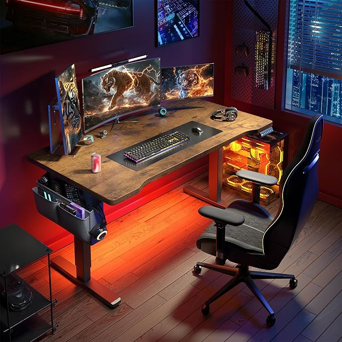EnHomee Gaming Desk with LED LightsComputer Desk Adjustable Electric Standing Height Office Desk with 3 Memory PresetStorage Side Pocket and Cable ManagementRustic Brown48 x 24 Inch