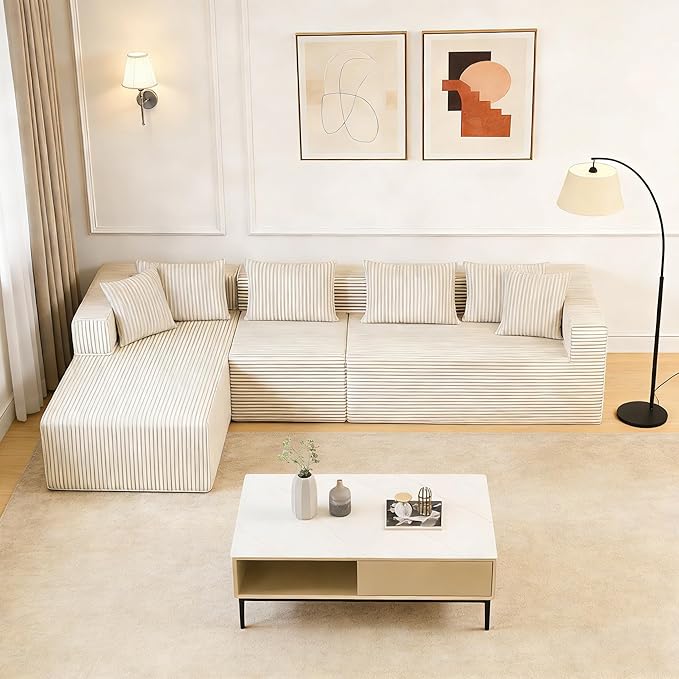 126 Cloud Modular Sectional Sofa L Shaped Couch Deep Seat Chaise Sectional Sofa for Living Room Modern Minimalist Upholstered Boneless Couch No Assembly Required Khaki Left-Facing Chaise