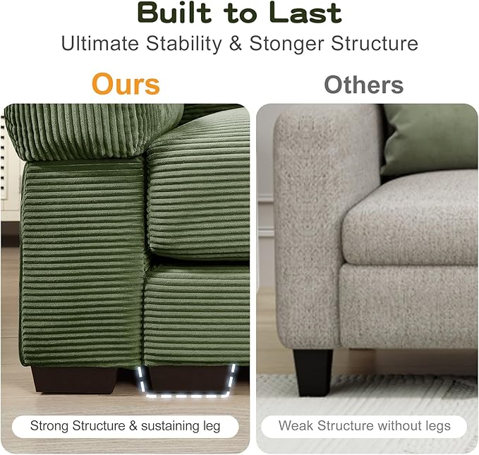 54.3 Oversized Modular Sectional Sofa Corduroy Large Sectional Couches for Living Room Single Seat Couches with 1 Movable Ottoman Modern Deep Seat Sofa Set Green