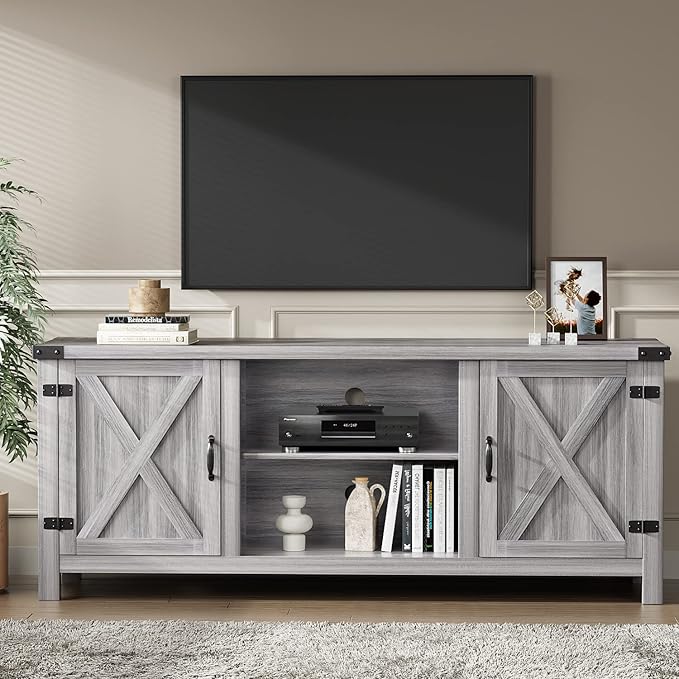 YESHOMY Modern Farmhouse TV Stand with Two Barn Doors and Storage Cabinets for Televisions up to 65+ Inch Entertainment Center Console Table Media Furniture for Living Room 58 Inch Gray Wash