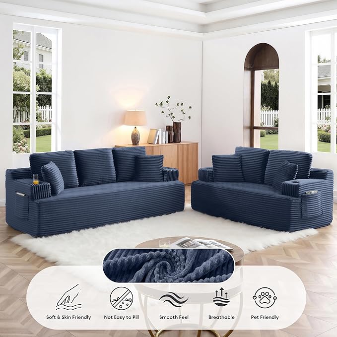 Boneless Sofa Couch Set with Cup Holders &amp Side Pockets Modern Corduroy Fabric Upholstered 3-seat Couch &amp Loveseat Set with 4 Throw Pillows for Living Room Office No Assembly (Blue)