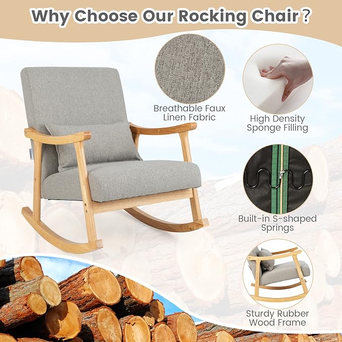 Giantex Upholstered Rocking Chair - Modern Rocker with Rubber Wood Frame Comfy Backrest &amp Seat PP Padded Pillow Single Rocking Chair for Living Room Nursery Bedroom Lounge Office Grey