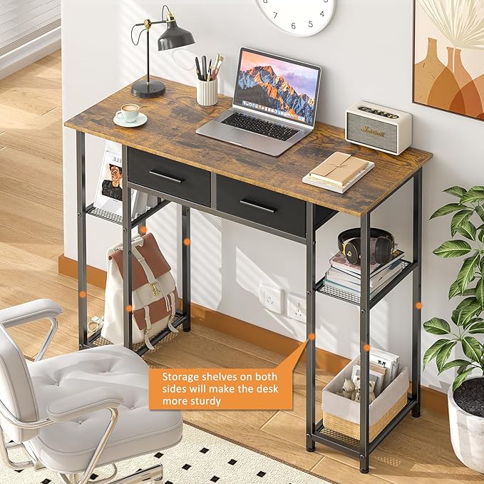 Computer Desk with Drawers 37.3 Inch Home Office Work Desk with Storage Shelf Kids Teens Study Table for Small Space Small Writing PC Table for Bedroom Makeup Vanity Desk Brown