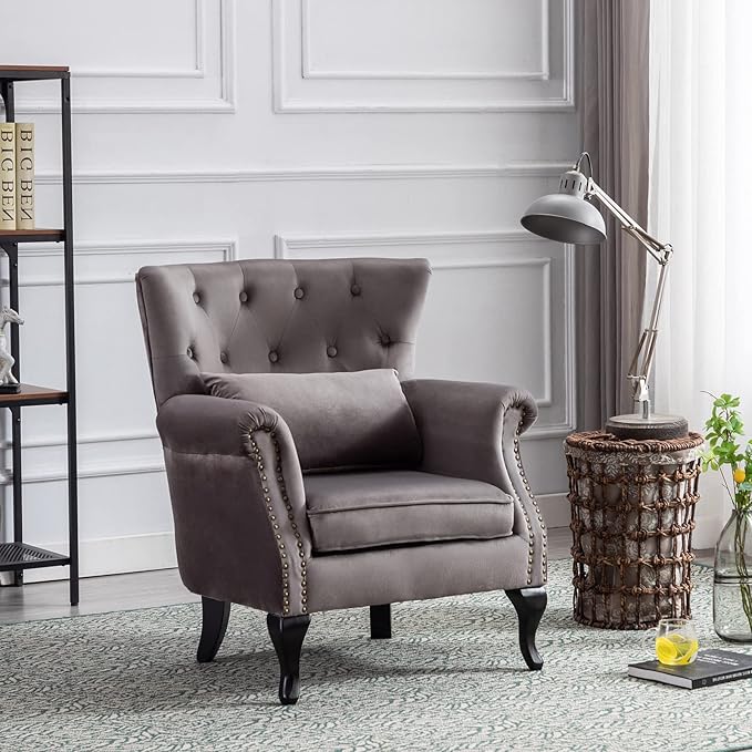 Accent Reading Arm Chairs Set of 2 for Living Room Bedroom Midcentury Modern Comfy Corner Sofa Chair Wingback Waiting Room Club Chair with Button Tufted Back &ampLumbar Pillow Velvet Grey