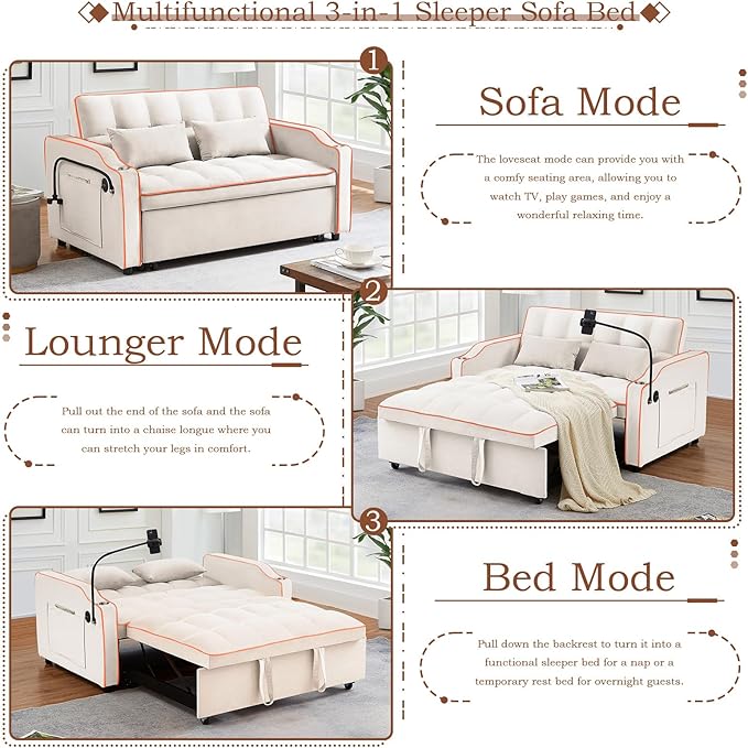 Pull Out Sofa Bed with Phone Holder Convertible Velvet Loveseat Sleeper with 2 USB Charging Ports Modern Futon Couch with Cup Holders and Adjustable Backrest Small Love Seat for Living Room Beige