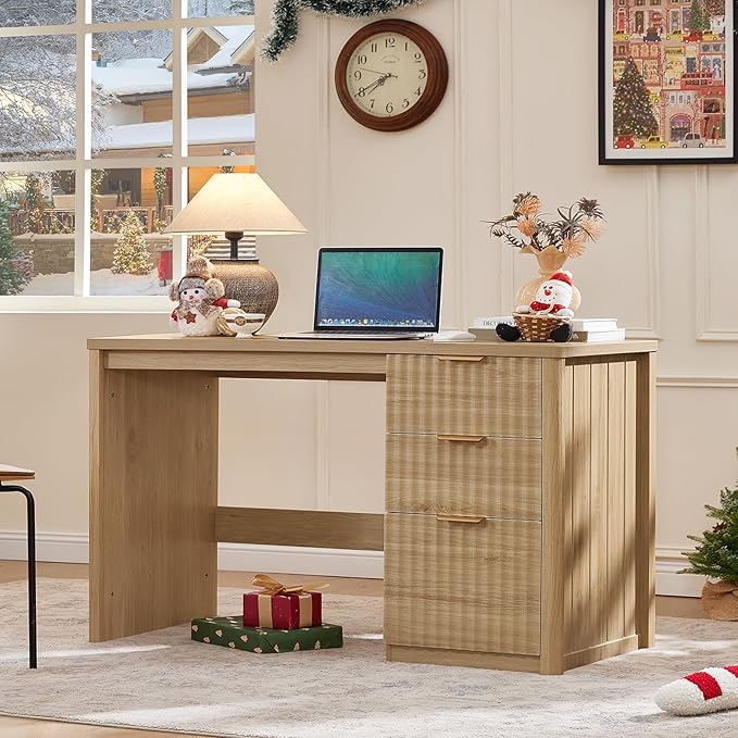 LEYAOYAO Office Desk 48 with 3 Drawers Storage File Cabinet Wood Fluted Desk for Computer Office Bedroom Home Furniture Natural