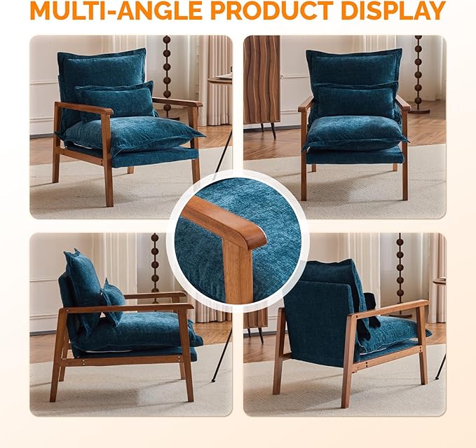 VINGLI Mid-Century Modern Cloud Accent Armchair with Lumbar Pillow 6.3'' Thick Seat Cushion Comfortable Reading Chair with Wooden ArmrestsBoho Lounge Chair for Bedroom Living Room Chenille Teal