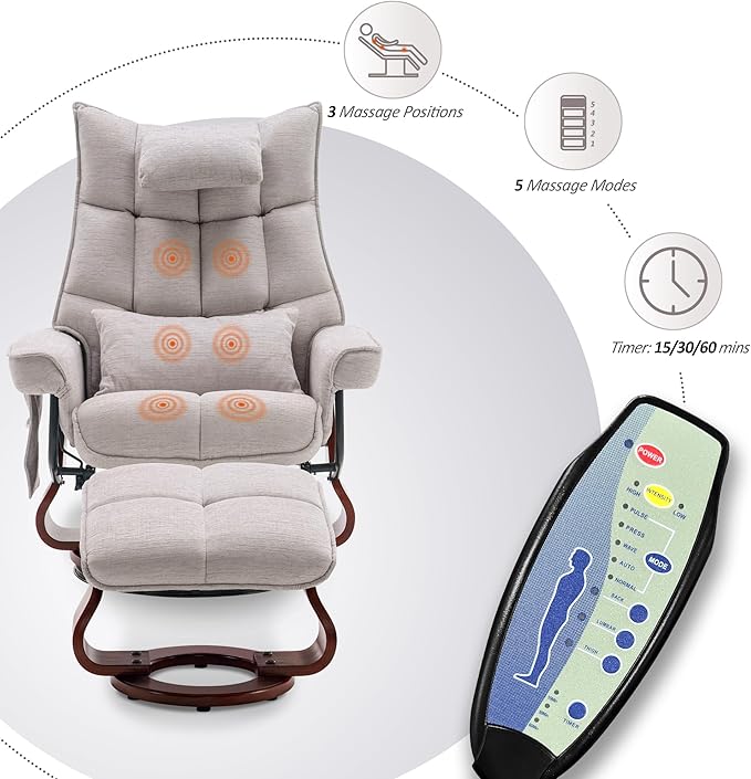 MCombo Swivel Recliner with Ottoman TV Chair Sets with Vibration Massage Ideal for Small Space Living Room &amp Bedroom 4188 (Beige)