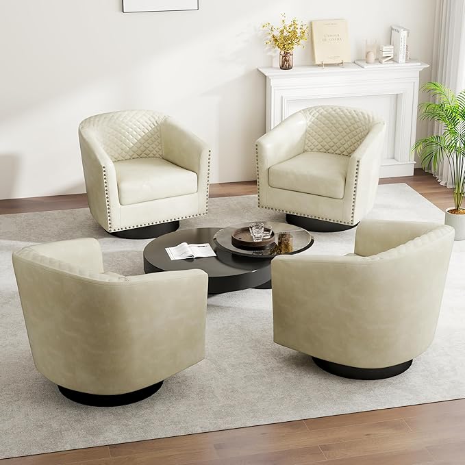 Swivel Barrel Accent Chair Comfy Modern Upholstered Round Faux Leather Arm Chair for Living Room Bedroom（Beige Set of 2
