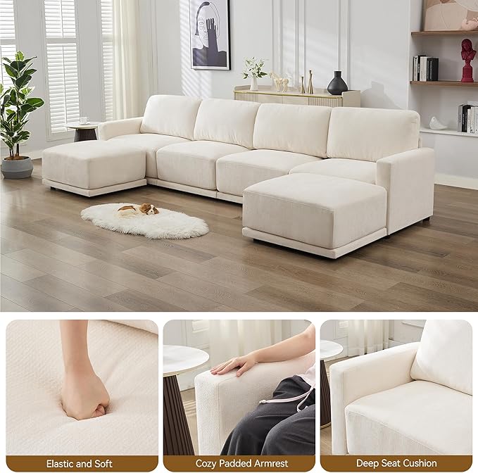 44.2 Chenille Oversized Chair with Movable Ottoman Modular 1 Seat Couch with Thickened Cushions Modern Single Sofa Chaise Lounge Reading Chair for Living Room Small Apartment White