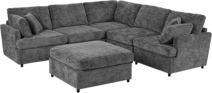 LUMISOL Sectional Couch for Living Room Large U-Shaped Furniture Upholstered Sofa with Removable Ottoman 6 Seat Chenille Fabric Sofa Set for Large Space Gray