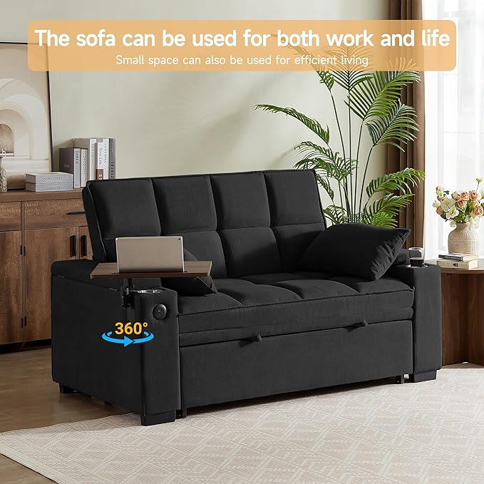 65 Sleeper Sofa Bed Loveseat Convertible Couch for Living Room RV Sofa with Adjustable Backrest Chaise Lounge Side Table USB &amp Type-C Ports