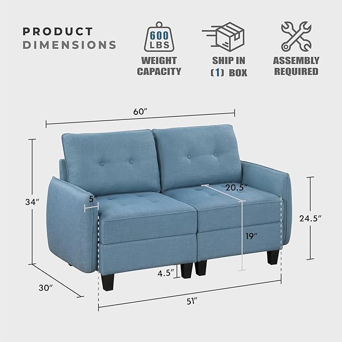 Lexicon Modern Loveseat with Hidden Storage Textured Fabric Modular Love Seat with Button-Tufted Design Reversible Back Cushion for Living Room/Bedroom/Office Blue