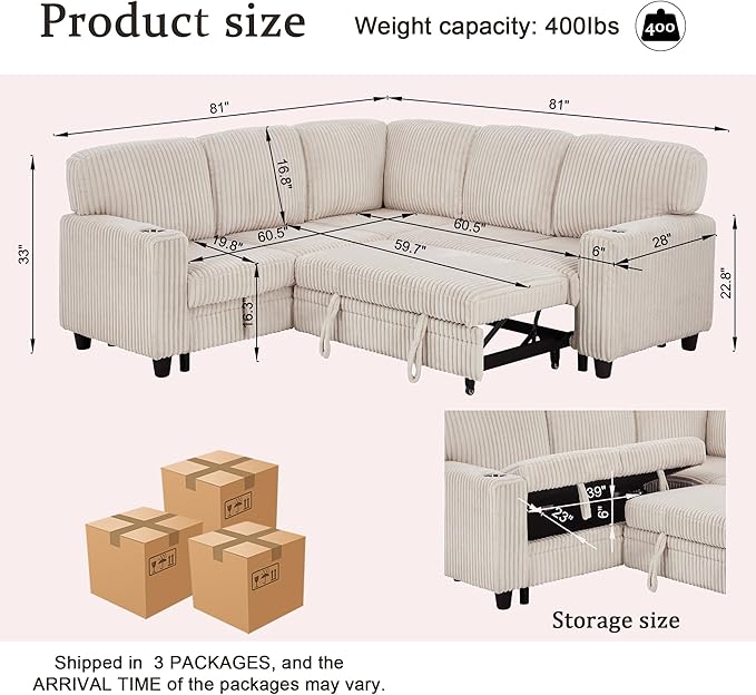 KEIKI 81 L-Shaped Oversized Corduroy Modular Sectional Sleeper Sofa with Pull-Out Bed Storage Seat Modern 5-Seater Upholstered Couch Bed with Charging Station Easy Assembly for Living Room Beige