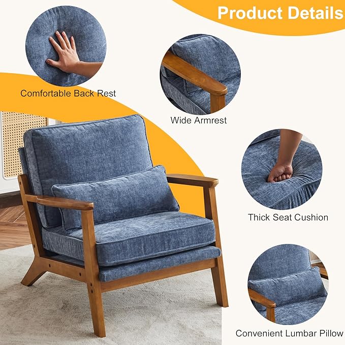 Karl home Accent Chair Wide Armrest Mid-Century Lounge Chair Chenille Armchair with Lumbar Pillow &amp Solid Wood Frame for Living Room Bedroom Balcony Dusty-Blue