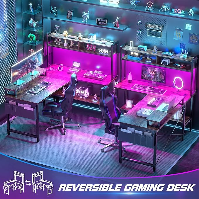Aheaplus L Shaped Gaming Desk with Power Outlets &amp LED Lights Small L-Shaped Desk Computer Corner Desk with Monitor Stand &amp Storage Shelf Home Office Desk Writing Desk with Storage Bag Rust