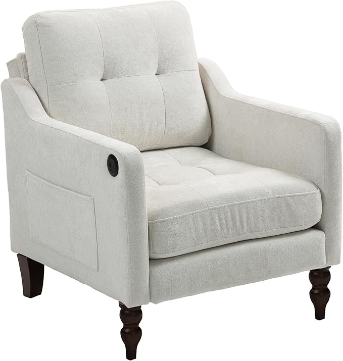 Accent Chair for Living Room Mid-Century Armchairs for Small Spaces Chenille Upholstered Comfy Reading Armchair with Studded for Bedroom (Beige-B)