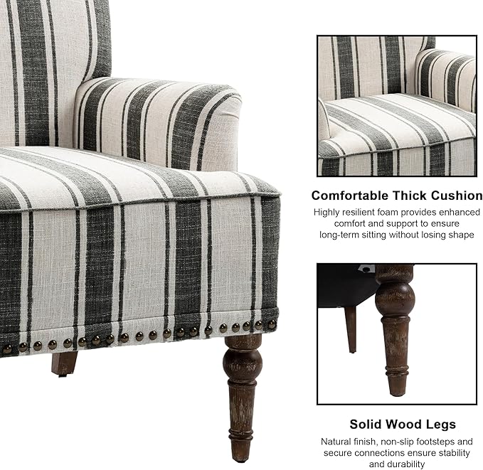 Accent Chair Mid Century Modern Comfy Armchair for Living Room Linen Fabric Single Sofa Lounge for Reading Bedroom Apartment Waiting Room with Wood Legs (Black Stripe Set of 1)