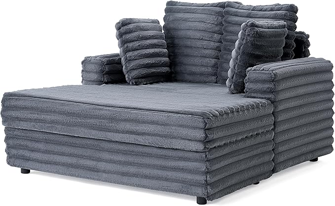 VanAcc 67 Chaise Lounge Sofa Faux Fur Sleeper Chaise with Armrests and Throw Pillows No-Assembly Couch for Living Room or Apartment Gray