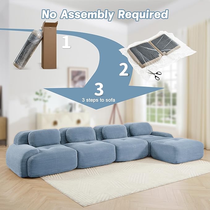 153 Foam Compressed Cloud Sofa28 Feep Seat Pet-Friendly Corduroy Oversize Sectional Couch with Movable Ottoman 4 Seater Modular Cloud Couch for Living Rooms Apartments Leisure RoomsBlue