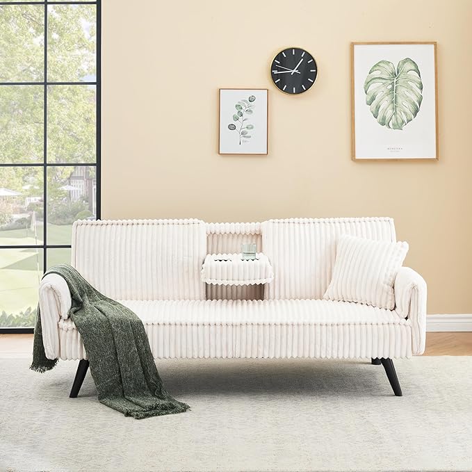 72 Modern Corduroy Sofa Bed FutonConvertible Sleeper Couch Bed with Cup Holder4 Reclining PositionsFolding Sofa Cloud Loveseat for Small Living Room Apartment Office (White)