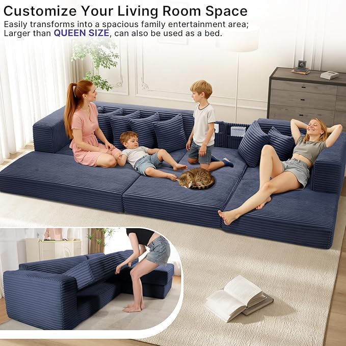 110 Boneless Couches for Living Room Cloud Modular Sectional Sofa Bed Customizable Convertible Sleeper Sofa Plush Corduory Folding Futon Floor Couch No Assembly(BlueLeft)