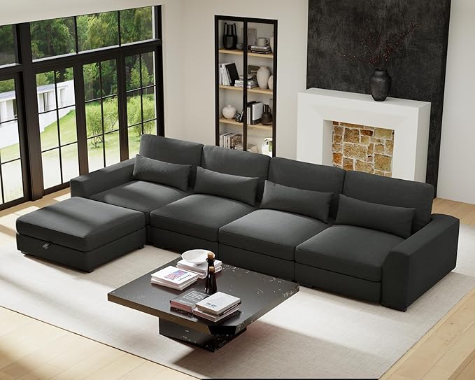Sectional Couches for Living Room - Large Modular 5 Seat Sectional Couch-Velvet Linen with Storage Deep Seat Sofa-Convertible Sofa for Large Living Rooms-with ChaiseWashable Covers-Dark Gray