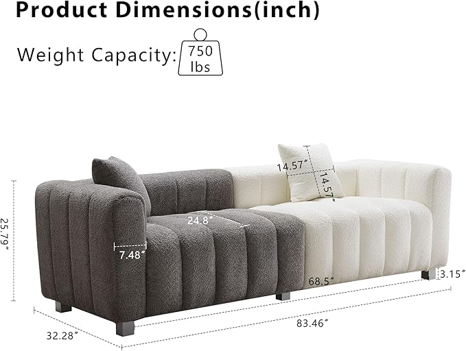 SZLIZCCC 87 Modern Upholstered Sofa Piano-Key Tufted Teddy Velvet Couch 3-Seater Comfortable Living Room &amp Office Sofa (Grey + White)