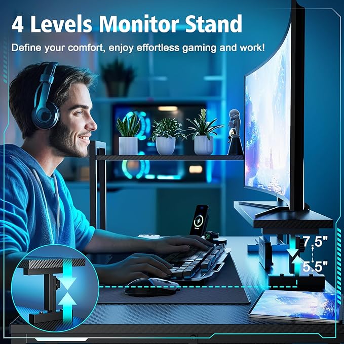 55 Inch Gaming Desk with LED Light Computer Desk with Reversible Storage Shelves and Power Outlets for Home Office Black