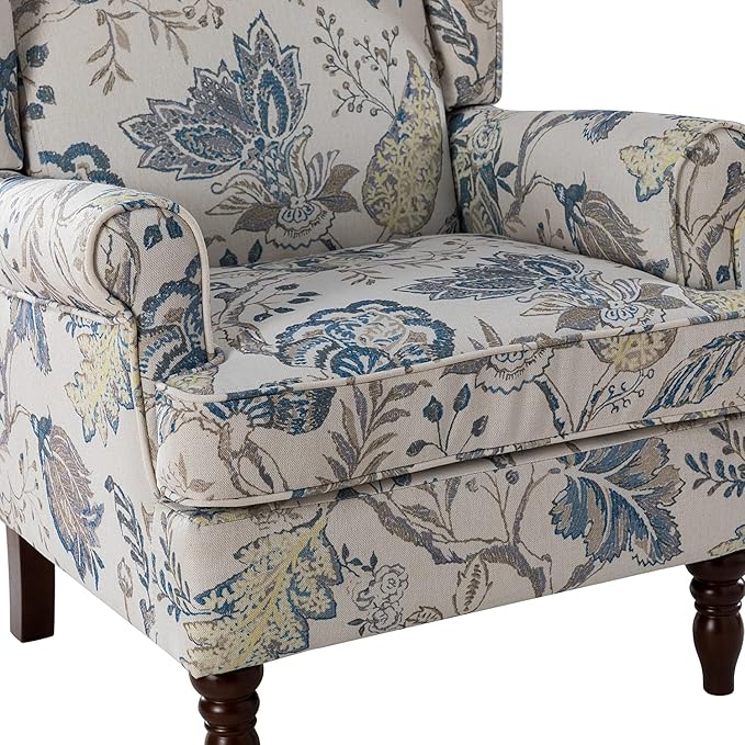 HULALA HOME Wingback Accent Chairs Set of 2 with Retro Wood Legs Traditional Fabric Armchairs for Living Room Bedroom Comfy Upholstered Sofa Chairs Reading Chairs with Unique Pattern Design Blue