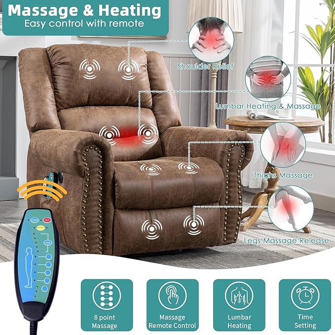MEETWARM Large Power Lift Electric Recliner Chair with Massage and Heat Overstuffed Wide Recliner for Elderly Heavy Duty Recliner for Living Room with 2 Remote Controls/Side Pockets/USB Ports(Brown)