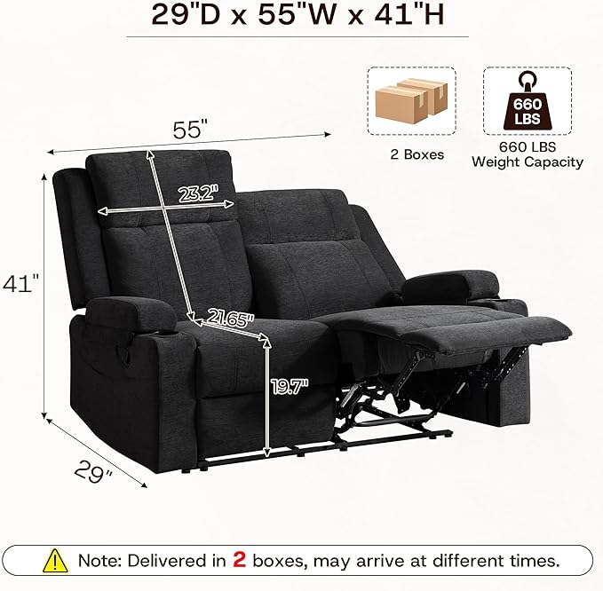 55 Loveseat Recliner Sofa with Cup Holders Manual Double Reclining Couch in Chenille Fabric Wide Seat &amp Side Pockets for Living Room Small Spaces Apartment and RV
